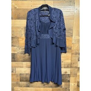 R & M Collection Navy Blue Lace Sequin Dress and Jacket Set Womens 14 Formal